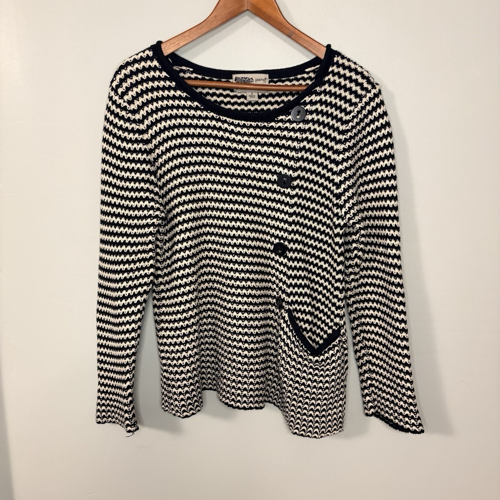 Vintage Habitat Black And White Knitted Top Lagenlook Boho Button Size S